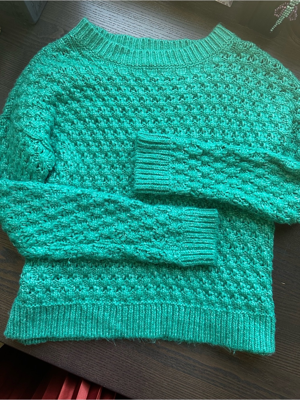 LOFT Teal Textured Open Knit Crewneck Sweater Cozy Fall Medium